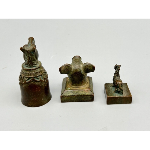 1628 - Three Vintage, Possibly Antique Bronze Animal Head Figures - two with calligraphy stamps on base.