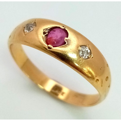 1630 - An Antique 18K Yellow Gold Ruby and Diamond Ring. Size M. 
2.92g total weight.