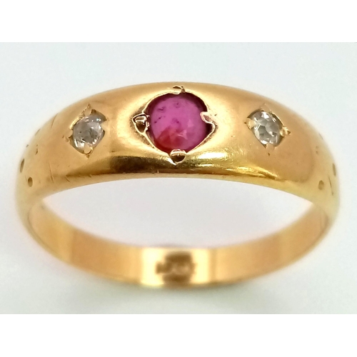 1630 - An Antique 18K Yellow Gold Ruby and Diamond Ring. Size M. 
2.92g total weight.