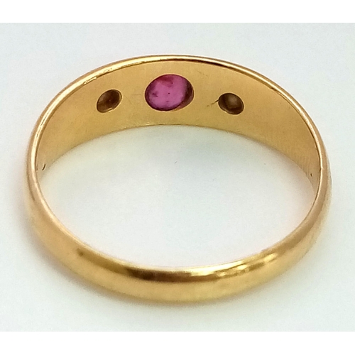 1630 - An Antique 18K Yellow Gold Ruby and Diamond Ring. Size M. 
2.92g total weight.