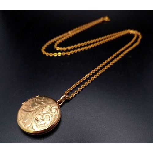 19 - A Vintage 9K Yellow Gold Locket on a 9K Yellow Gold Necklace. 20mm pendant diameter. 52cm length. 6.... 