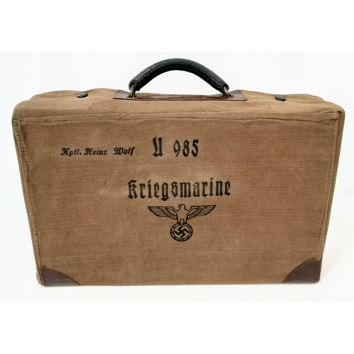 348 - WW2 German Kriegsmarine U-boat Officers Suitcase and Cover to Captain Lieutenant Heinz Wolf U-985.