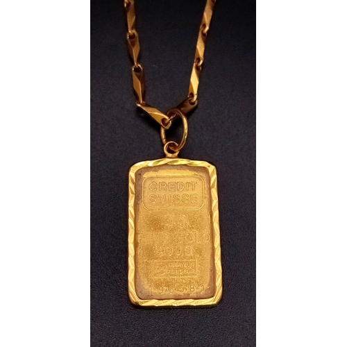 115 - A 5g Fine Gold (.999.99) Ingot Pendant, Cased in 14K Gold on a 22K Gold Necklace. Breakdown: 5g .999... 