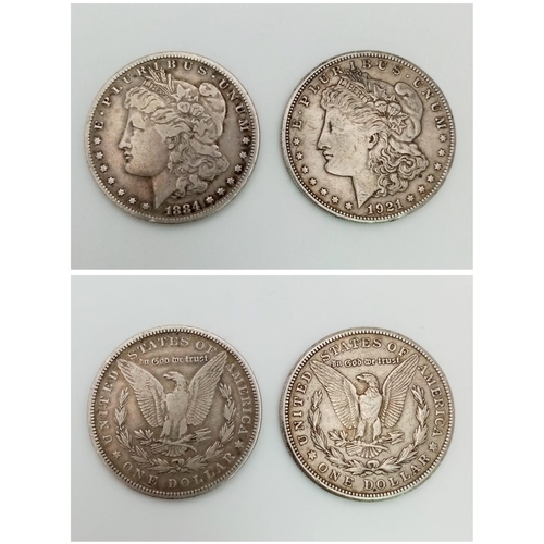 123 - Two Silver USA Morgan Dollars - 1884 and 1921 - S. Please see photos for conditions.