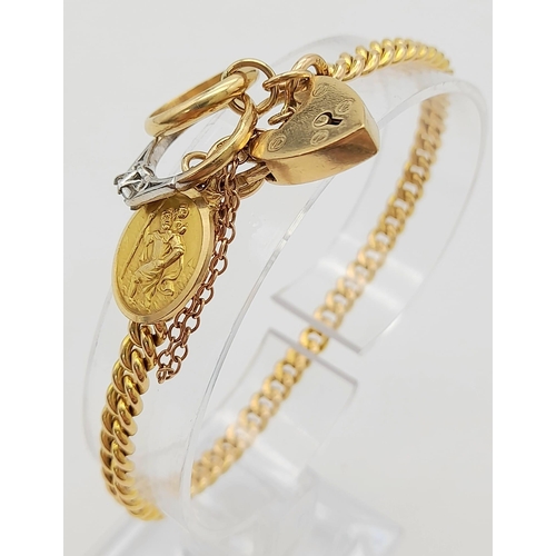 102 - A Vintage 9K Yellow Gold Bracelet with Three 9K Yellow Gold Charms and a Heart Clasp. All links hall... 