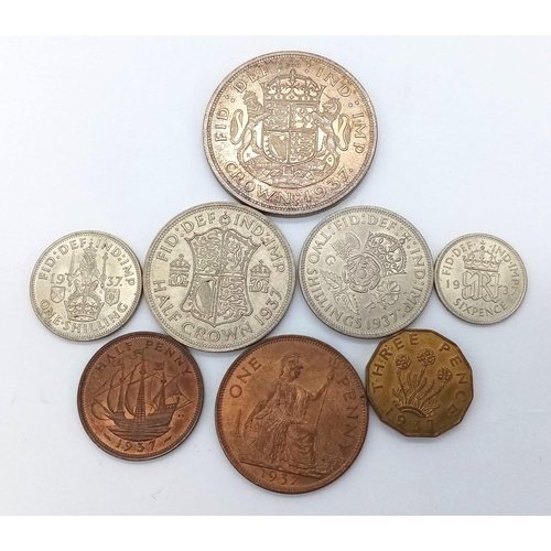 137 - A George VI 1937 Complete Coin Set - Half Penny to Crown. 
8 coins in total. Please see photos for c... 