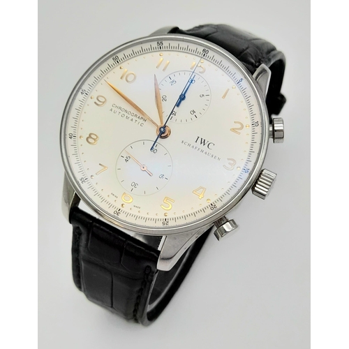 30 - IWC PORTUGUESE CHRONOGRAPH WATCH, BLACK LEATHER STRAP AND CREAM DIAL. MODEL IW371401 WITH ORIGINAL B... 