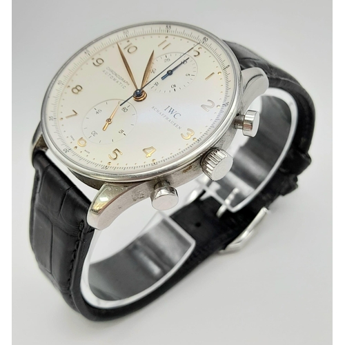 30 - IWC PORTUGUESE CHRONOGRAPH WATCH, BLACK LEATHER STRAP AND CREAM DIAL. MODEL IW371401 WITH ORIGINAL B... 