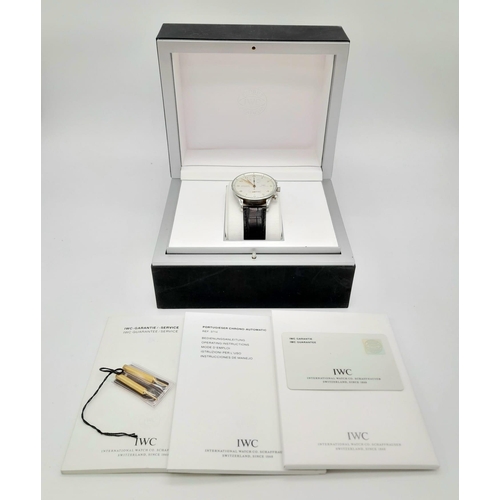 30 - IWC PORTUGUESE CHRONOGRAPH WATCH, BLACK LEATHER STRAP AND CREAM DIAL. MODEL IW371401 WITH ORIGINAL B... 