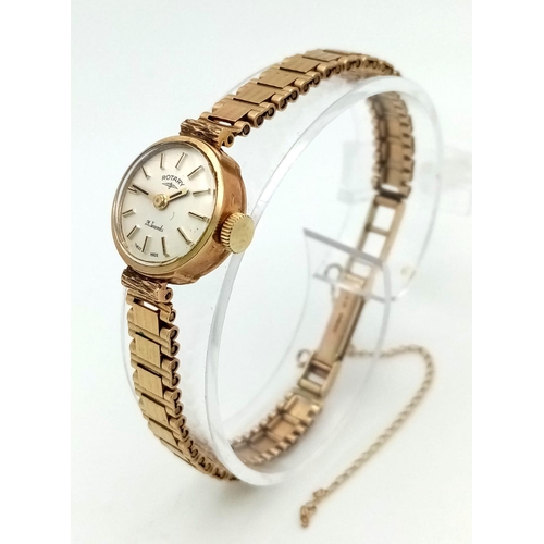 39 - A Vintage Rotary 9K Yellow Gold Mechanical Ladies Watch. 9k gold bracelet and case - 16mm. 21 jewels... 