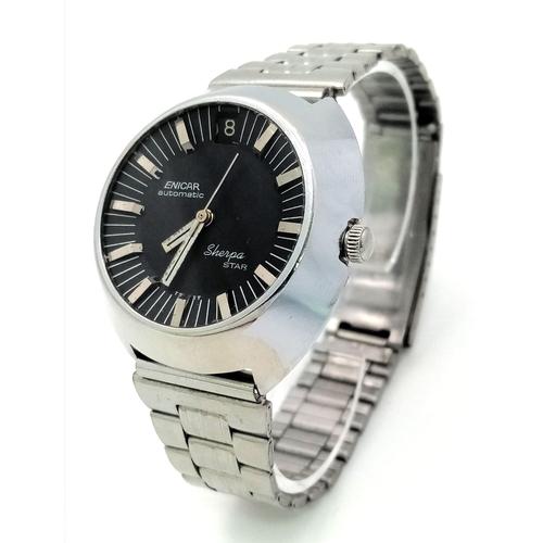 44 - A Very Rare Enicar Sherpa Automatic Gents Watch. Stainless steel strap and case - 38mm. Black dial w... 