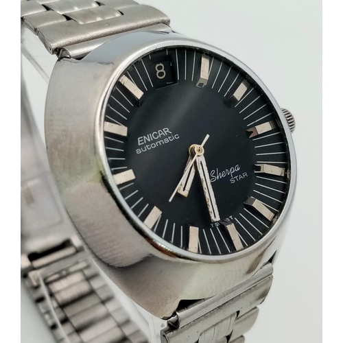 44 - A Very Rare Enicar Sherpa Automatic Gents Watch. Stainless steel strap and case - 38mm. Black dial w... 