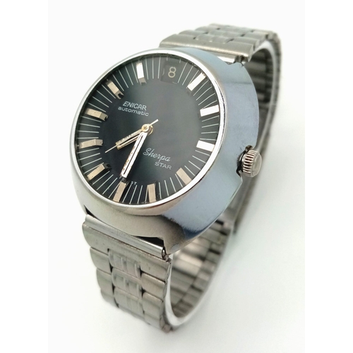 44 - A Very Rare Enicar Sherpa Automatic Gents Watch. Stainless steel strap and case - 38mm. Black dial w... 