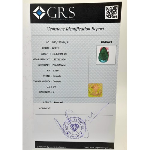 124 - 10490Ct Faceted Natural Emerald Gemstone, Pear Shape, Comes with GRS Lab Certified