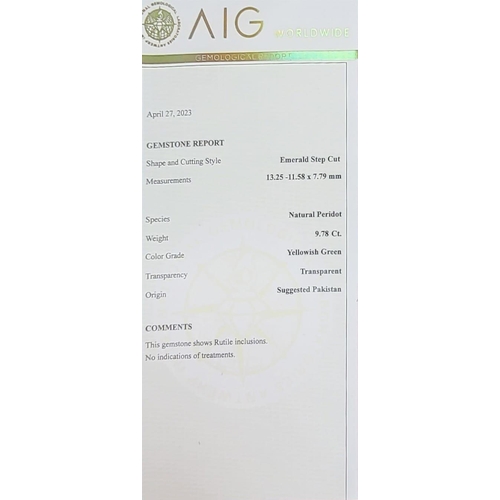 134 - A 9.78ct Rutile Peridot Rare Gemstone. AIG Milan Sealed Gemstone with certificate.