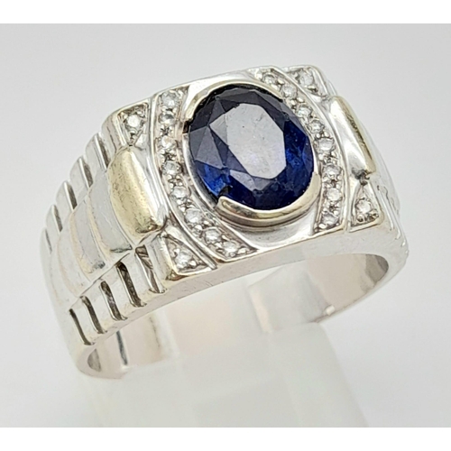 54 - An 18K white gold ring, ROLEX style, with an oval cut sapphire (1.70 carats). ring size: S1/2, weigh... 