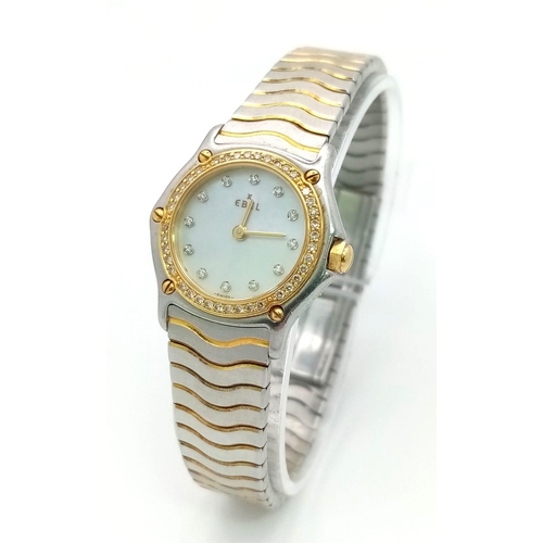 71 - An Ebel Ladies Wave Mother of Pearl Quartz Watch. Two-tone bracelet (24k gold electroplated waves) a... 