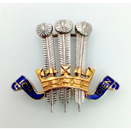 89 - A 9 K gold and enamel Royal Prince of Wales feathers and crown sweetheart brooch. Height: 26 mm, wei... 