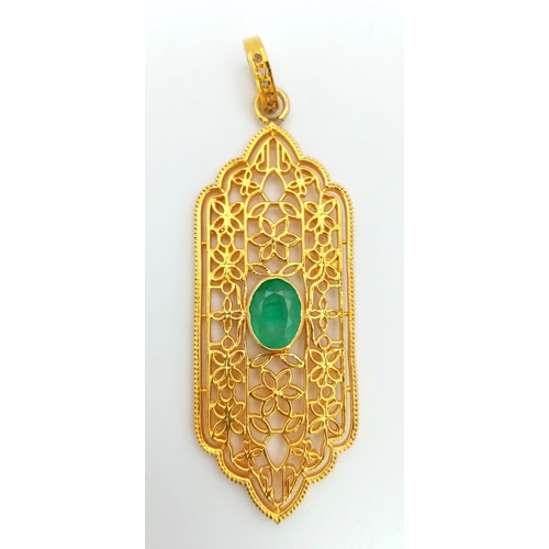 1634 - An Emerald Silver Pendant. Gold plated 925 Sterling Silver. Zambian Emerald- 2.20ct. 8.5g total weig... 