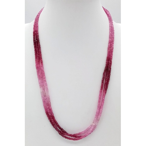 423 - 3 STRAND RUBY  NECKLACE WITH 14K WHITE GOLD CLASP, WEIGHT 17.7G