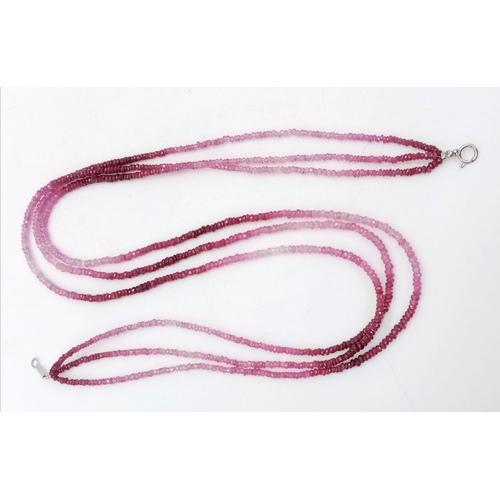 423 - 3 STRAND RUBY  NECKLACE WITH 14K WHITE GOLD CLASP, WEIGHT 17.7G