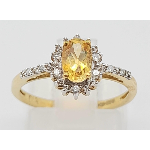 619 - 9k yellow gold citrine and diamond cluster ring (citrine: 0.45ct/diamond: 0.05ct), ring size K, 1.5g... 