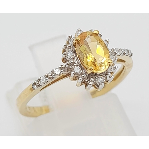 619 - 9k yellow gold citrine and diamond cluster ring (citrine: 0.45ct/diamond: 0.05ct), ring size K, 1.5g... 