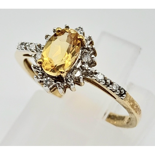 619 - 9k yellow gold citrine and diamond cluster ring (citrine: 0.45ct/diamond: 0.05ct), ring size K, 1.5g... 