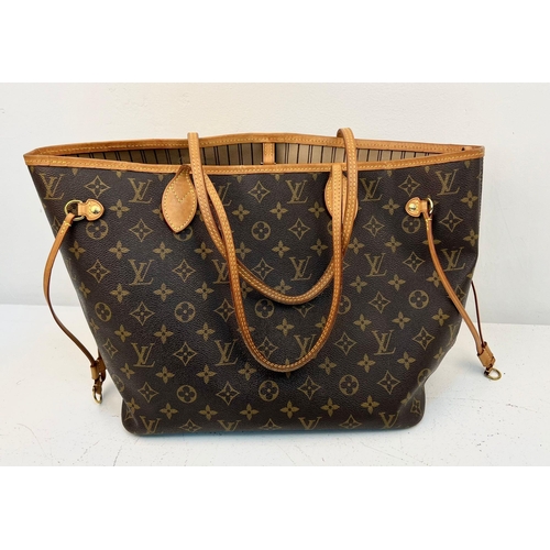 67 - A Louis Vuitton Neverfull Tote Bag And LV Pouch! Brown monogram canvas exterior with leather handles... 