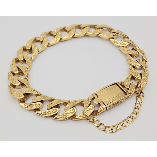 26 - 9k yellow gold heavy weight detailed curb bracelet, approx 24cm length, 48.5g weight