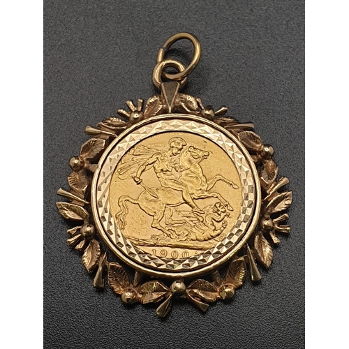 33 - 22k yellow gold full Sovereign coin with Queen Victoria dated 1900, set into a 9ct yellow gold flora... 