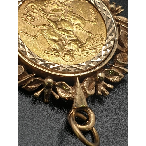 33 - 22k yellow gold full Sovereign coin with Queen Victoria dated 1900, set into a 9ct yellow gold flora... 