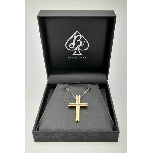 45 - A 9K Rose Gold and Diamond Cross Pendant on a 9K White Gold Disappearing Necklace. Diamond encrusted... 