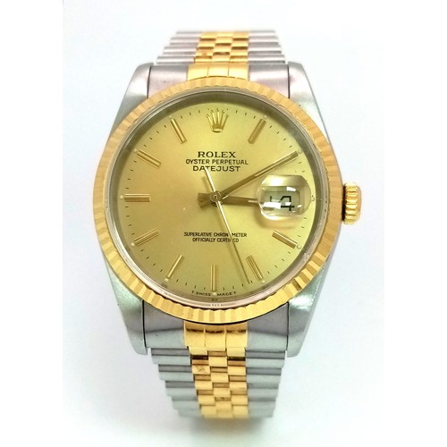 4 - A Rolex Oyster Perpetual Datejust Gents Watch. Bi-metal strap and case - 36mm. Gold tone dial. Autom... 