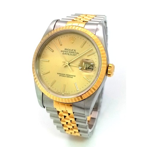 4 - A Rolex Oyster Perpetual Datejust Gents Watch. Bi-metal strap and case - 36mm. Gold tone dial. Autom... 