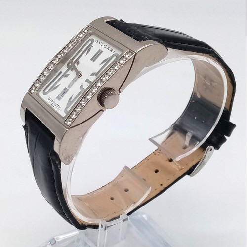 165 - A Bulgari Rettangolo 18K White Gold and Diamond Dress Watch. Black Leather strap. 18K Gold tank case... 