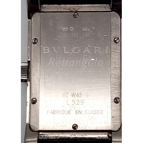 165 - A Bulgari Rettangolo 18K White Gold and Diamond Dress Watch. Black Leather strap. 18K Gold tank case... 