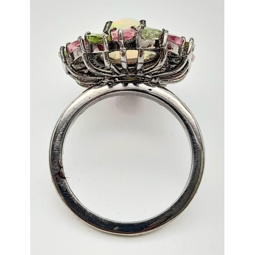 629 - A Fire Opal Gemstone Ring with Pink/Green Tourmaline and Diamond Halos. Diamond - 0.30ct. Set in 925... 