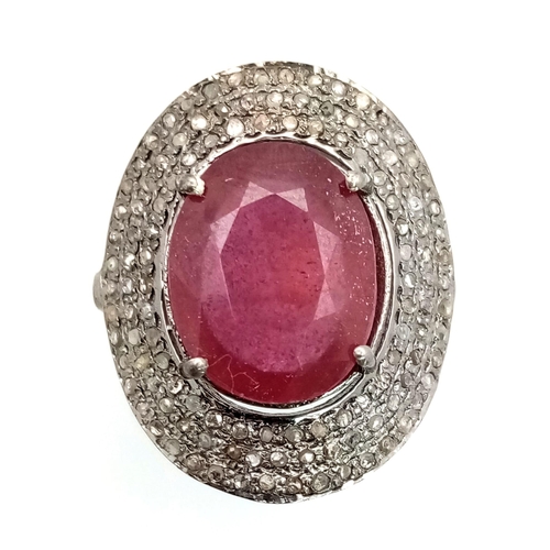 412 - A 9.50ct Ruby Gemstone Ring with 0.90ct of Diamond Accents. Set in 925 Silver. Size M. Comes with a ... 