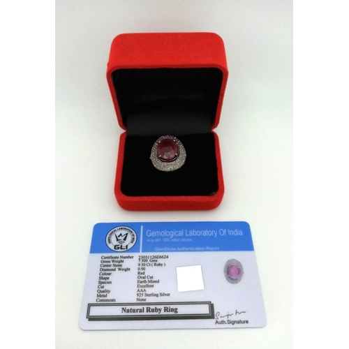 412 - A 9.50ct Ruby Gemstone Ring with 0.90ct of Diamond Accents. Set in 925 Silver. Size M. Comes with a ... 