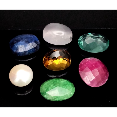 742 - A 73.40ct Mixed Lot of Seven Gemstones. Cabochon Rose Quartz, Pearl and Faceted Citrine, Ruby, Emera... 