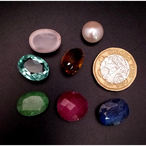 742 - A 73.40ct Mixed Lot of Seven Gemstones. Cabochon Rose Quartz, Pearl and Faceted Citrine, Ruby, Emera... 