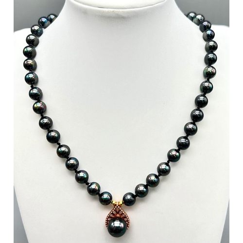 765 - A South Sea Rainbow Black Pearl SHELL Necklace with Hanging Shell Pearl Pendant. 44cm necklace lengt... 