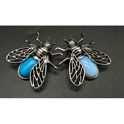 777 - Two Bee Brooches - Opalite and Turquiose Bodies on White Metal. Wingspans - 3.5cm.
