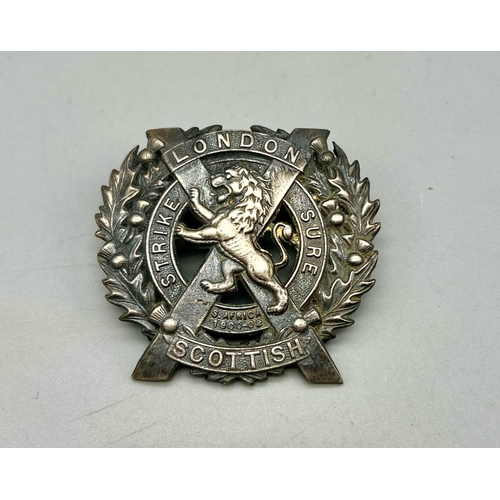 614 - WW1 British London Scottish Officers Silver Cap Badge.