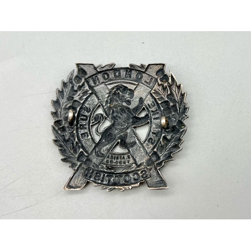 614 - WW1 British London Scottish Officers Silver Cap Badge.