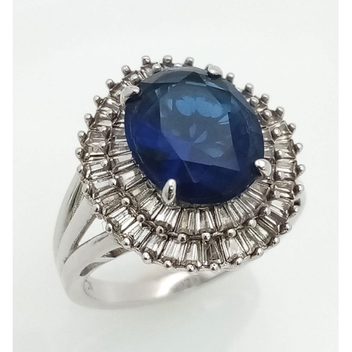 625 - New Sterling Silver Art Deco Design Sapphire Blue and Clear Cubic Zirconia Cluster Ring Size P. 6.78... 