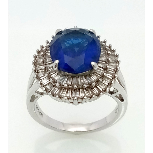 625 - New Sterling Silver Art Deco Design Sapphire Blue and Clear Cubic Zirconia Cluster Ring Size P. 6.78... 