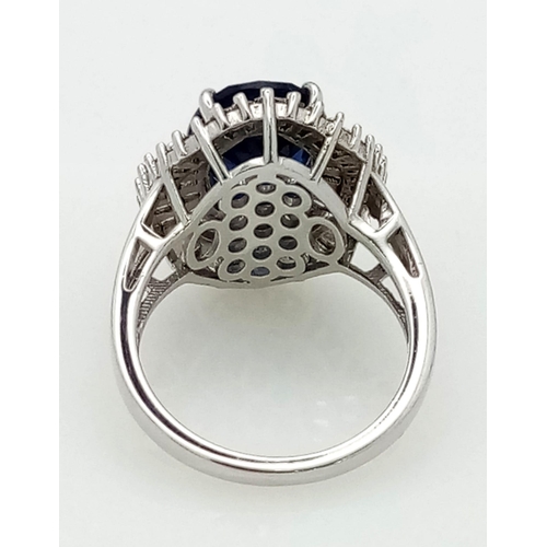 625 - New Sterling Silver Art Deco Design Sapphire Blue and Clear Cubic Zirconia Cluster Ring Size P. 6.78... 