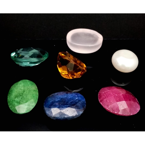 742 - A 73.40ct Mixed Lot of Seven Gemstones. Cabochon Rose Quartz, Pearl and Faceted Citrine, Ruby, Emera... 